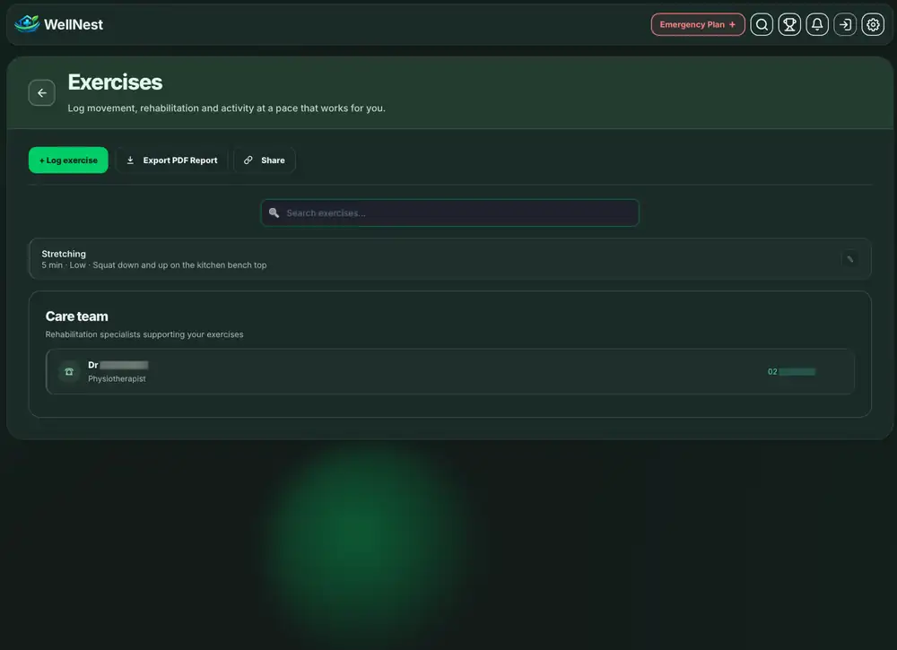 WellNest exercises page displaying an activity entry and rehabilitation care-team contacts