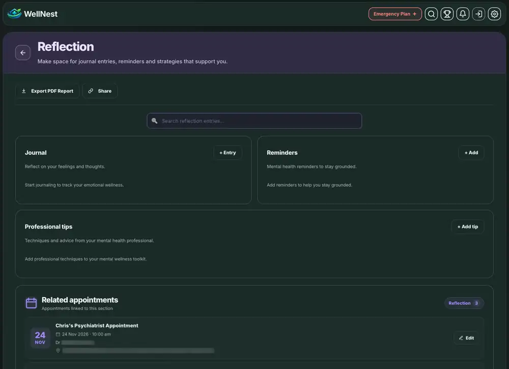 WellNest reflection page with journal, reminders, professional tips and related appointments