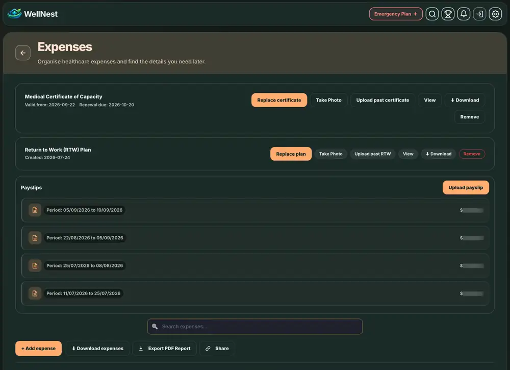 WellNest expenses page organising certificates, return-to-work plans, payslips and downloads